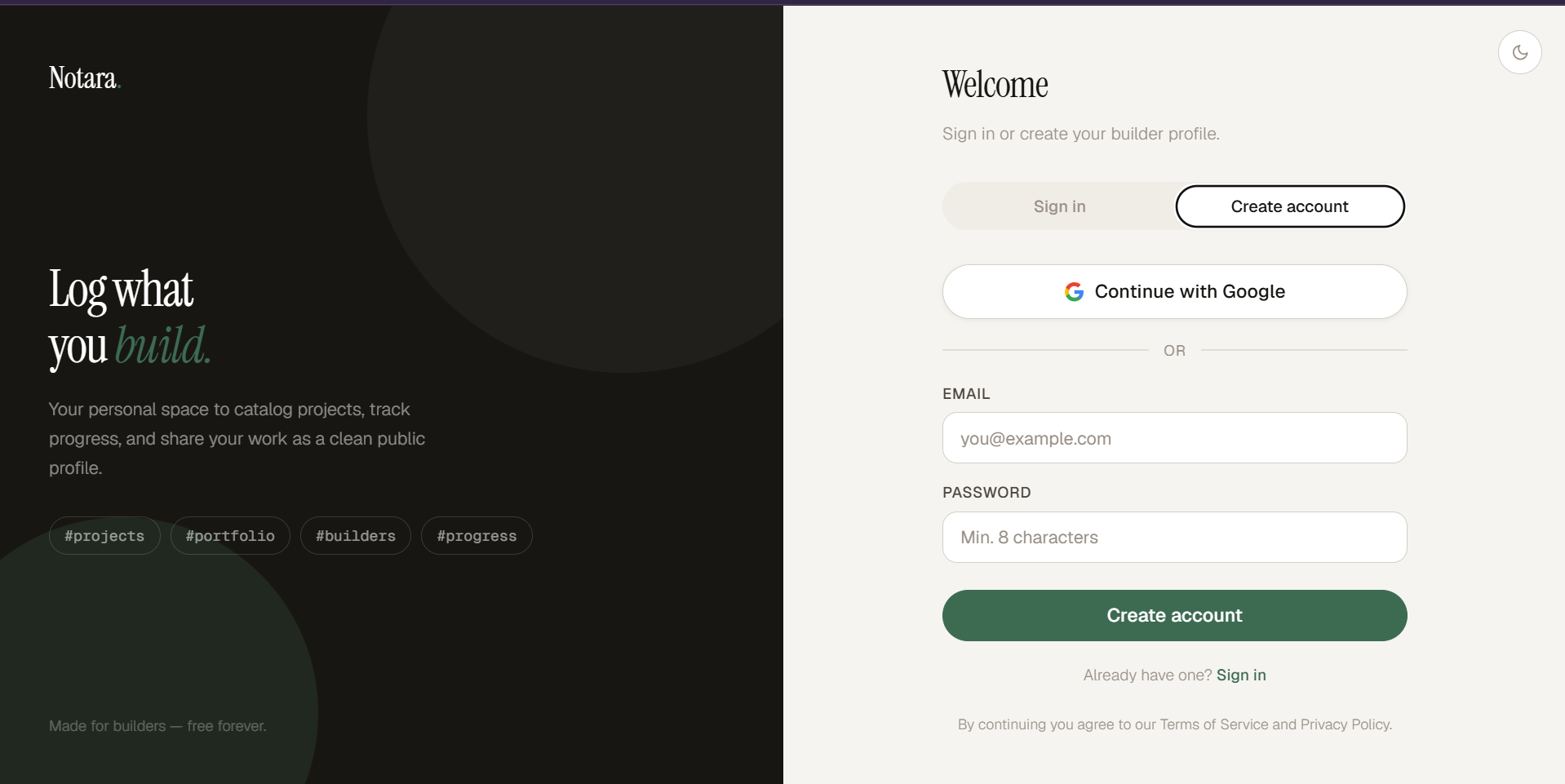 Screenshot of Notara, a project catalog and public profile for builders