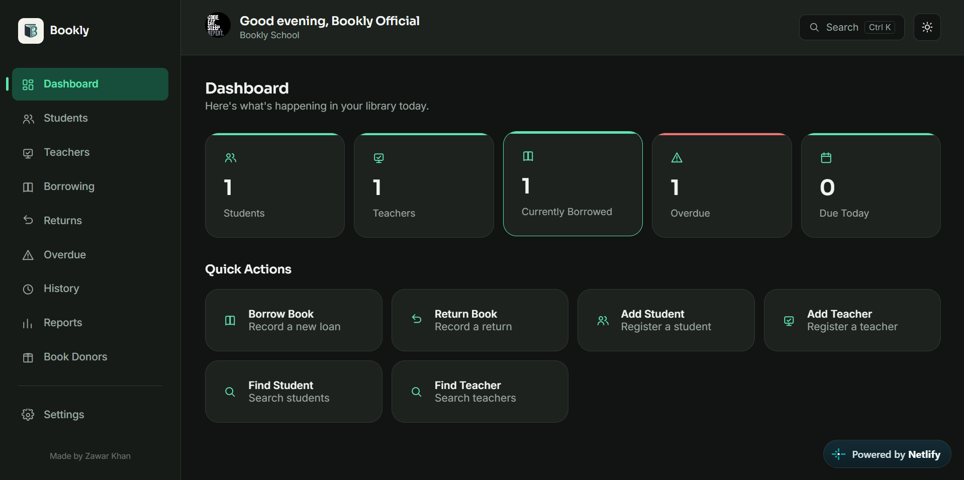 Screenshot of Bookly, a school library management web app